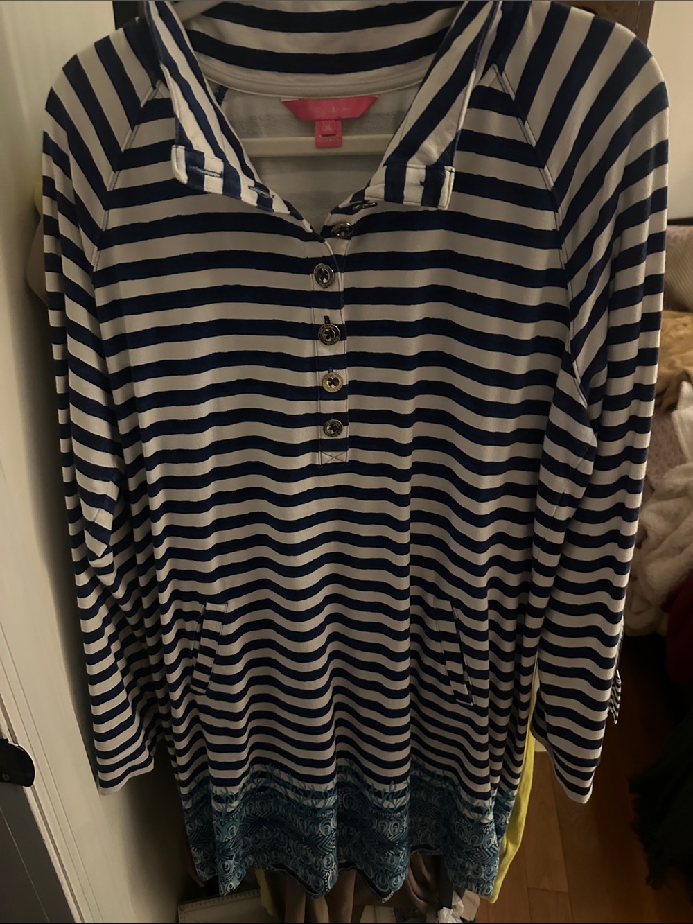Lilly Pulitzer Navy and White Striped Henley Tunic with Blue Border